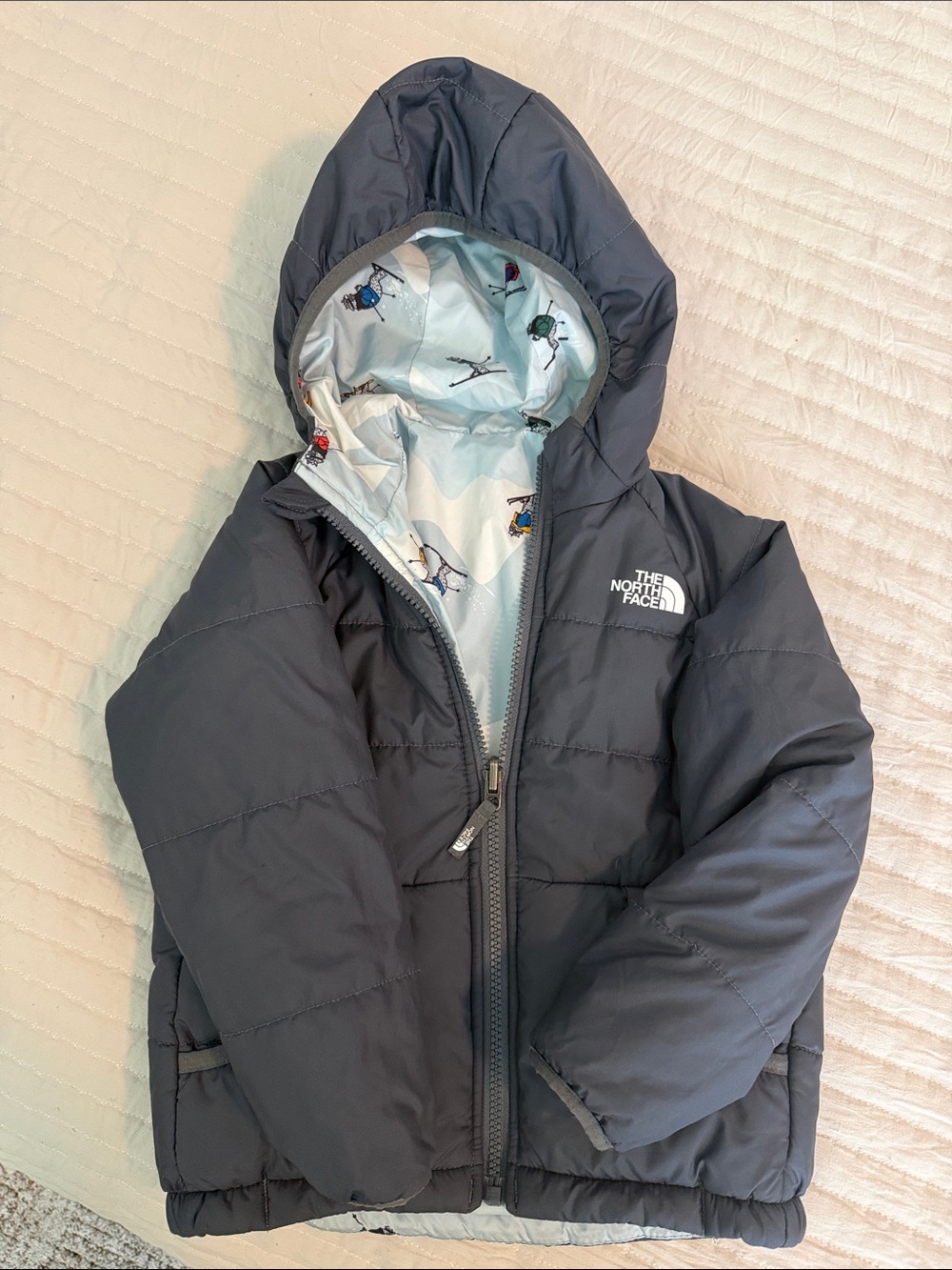 The North Face Kids Hooded Puffer Jacket - Charcoal with Light Blue Lining